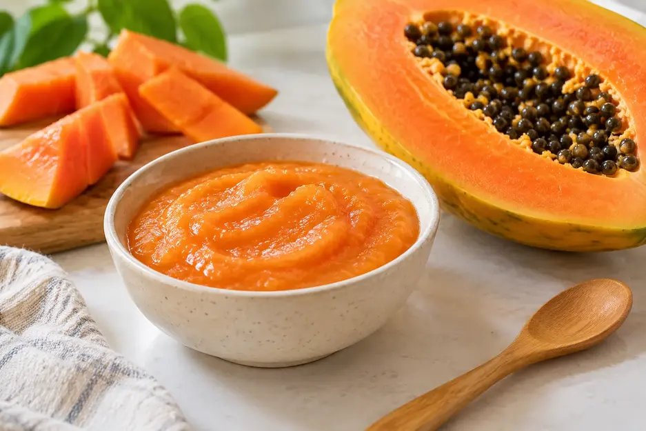 Papaya puree for baby in a cream bowl with ripe fresh papaya, a wooden baby spoon, and soft natural kitchen light.