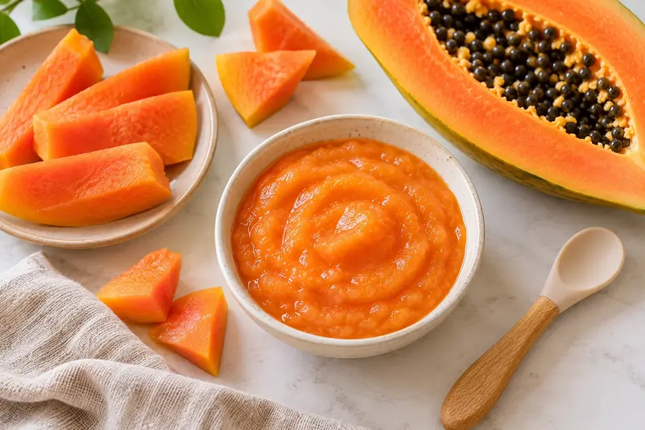Papaya puree for baby in a cream bowl with ripe papaya wedges, fresh papaya halves, and a baby spoon on a neutral background.