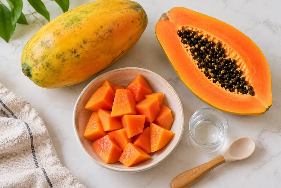Papaya puree for baby ingredients with ripe papaya, fresh papaya chunks, black seeds, and water arranged on a light kitchen counter.