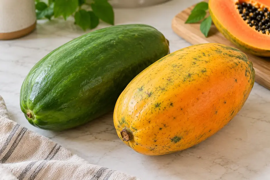Ripe yellow-orange papaya beside a firm green papaya, showing how to choose ripe fruit for making papaya puree for baby.