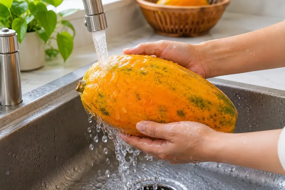 Rinsing a ripe papaya under running water before preparing papaya puree for baby in a clean kitchen sink with natural daylight.