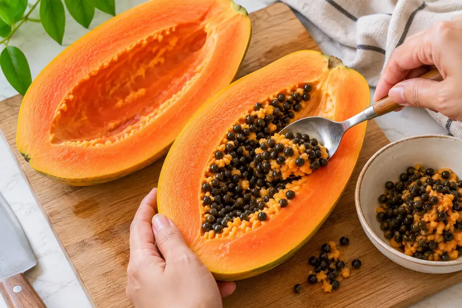 Removing black seeds from ripe papaya with a spoon before making papaya puree for baby, showing fresh orange fruit on a cutting board.