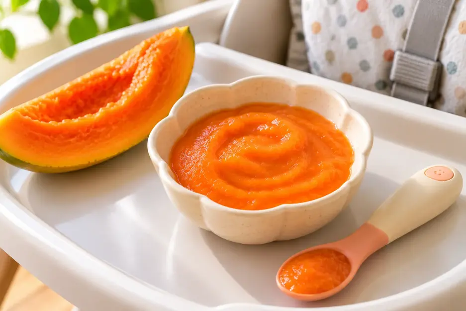 Smooth papaya puree for baby in a cream bowl with a preloaded spoon and soft ripe papaya wedge served on a clean high-chair tray.