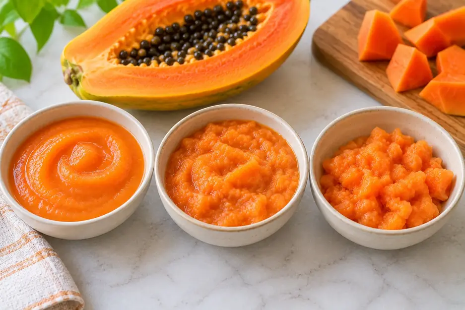 Papaya puree for baby shown in three textures, from smooth puree to thick mash and soft lumpy papaya, with fresh ripe papaya nearby.