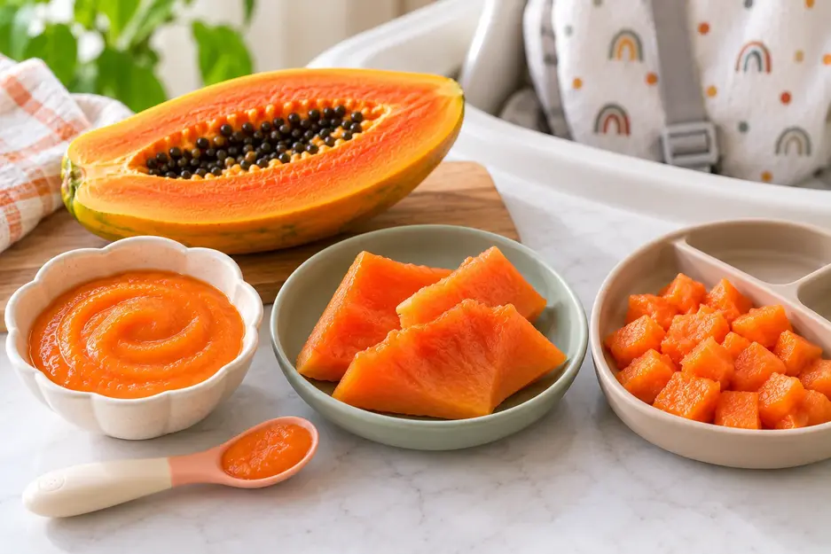 Papaya puree for baby shown with smooth puree, soft ripe papaya wedges, and bite-sized pieces for different stages of starting solids.