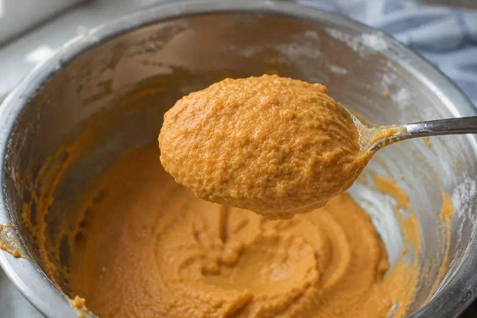 Thick sweet potato pancake batter holding its shape on a spoon, showing the ideal consistency for soft baby led weaning pancakes.