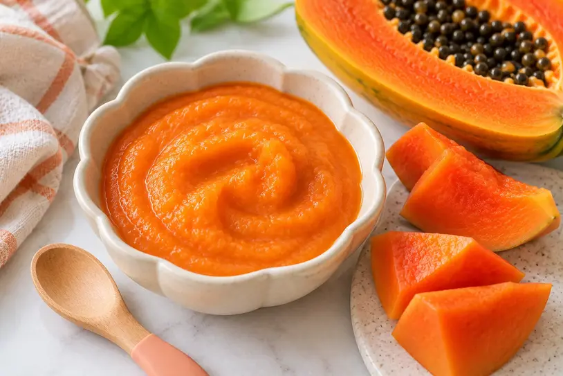 Homemade papaya puree for baby in a cream ceramic bowl with fresh ripe papaya wedges and a wooden spoon in soft natural light.