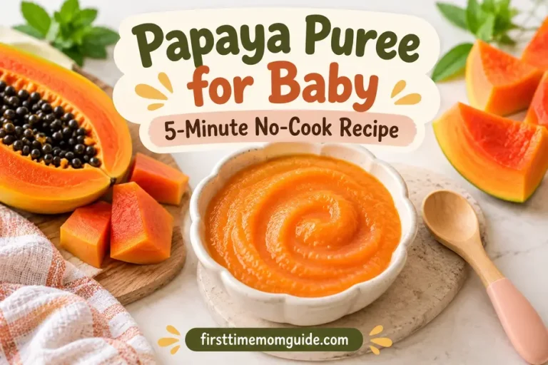 Papaya puree for baby in a cream bowl with fresh ripe papaya, featuring an easy 5-minute no-cook recipe from FirstTimeMomGuide.com.