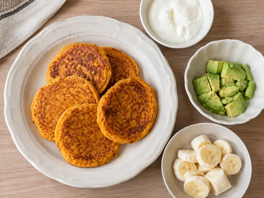 Sweet potato pancakes for baby led weaning served with plain yogurt, ripe avocado and soft banana for an easy baby-friendly meal.