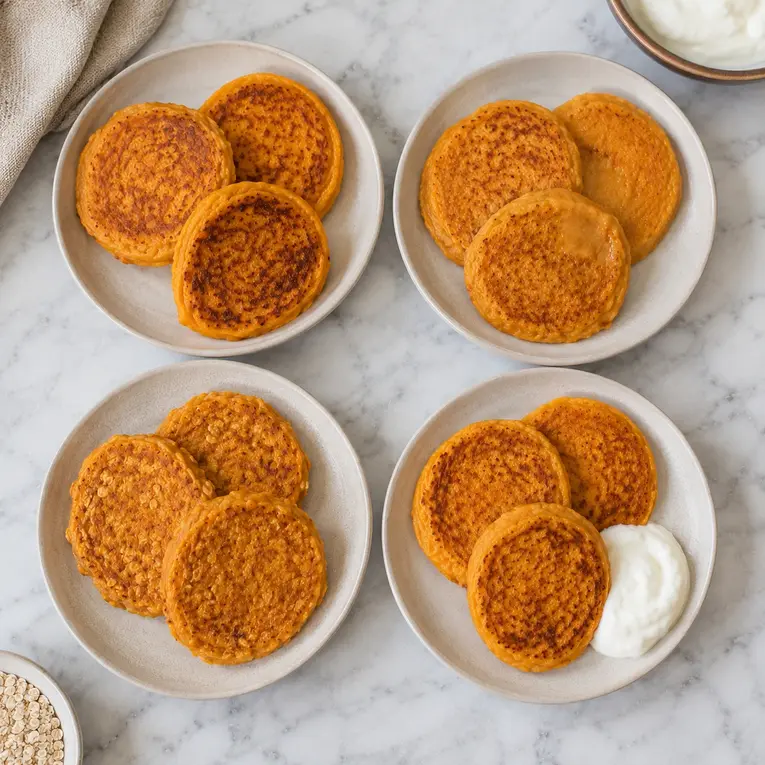 Sweet potato pancakes for baby led weaning shown in four easy variations, including plain, oat flour, applesauce and yogurt options.