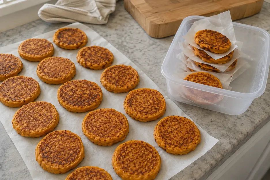 Sweet potato pancakes for baby led weaning cooling on parchment and stored with parchment layers for easy freezing and meal prep.