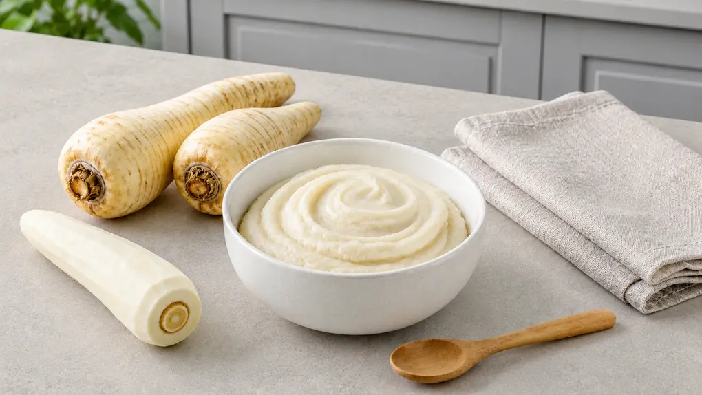 Bright, realistic landscape photo of parsnip puree for baby in a cream bowl with fresh parsnips, a wooden spoon, and a folded linen napkin.