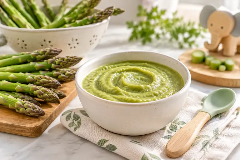 Asparagus puree for baby in a ceramic bowl with fresh asparagus and a baby spoon, served in a bright natural kitchen setting.