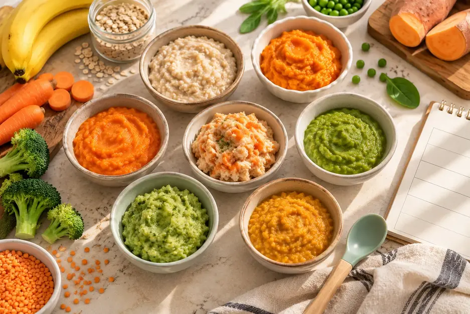 Baby food weekly meal plan for 6–9 months with oatmeal, sweet potato, peas, broccoli, lentils and chicken vegetable meals for starting solids.
