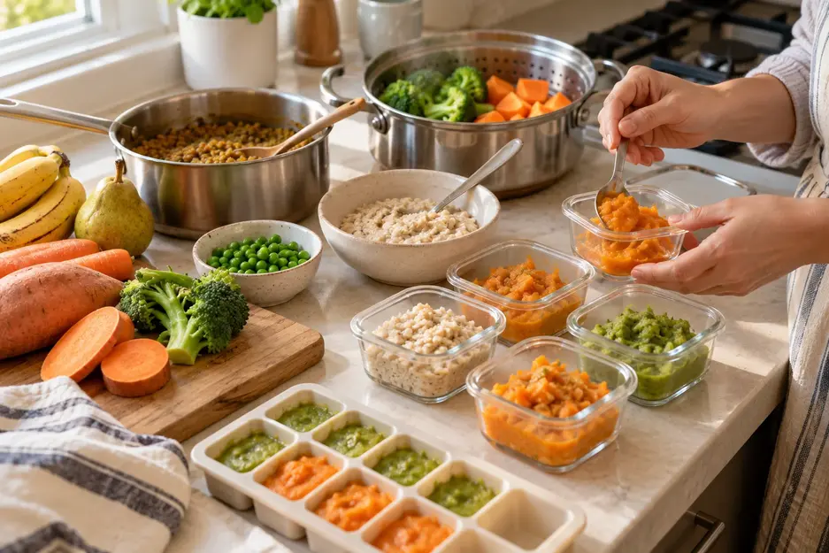 Baby food weekly meal plan for 6–9 months showing homemade batch prep with oatmeal, lentils, sweet potato, broccoli and portioned baby meals.