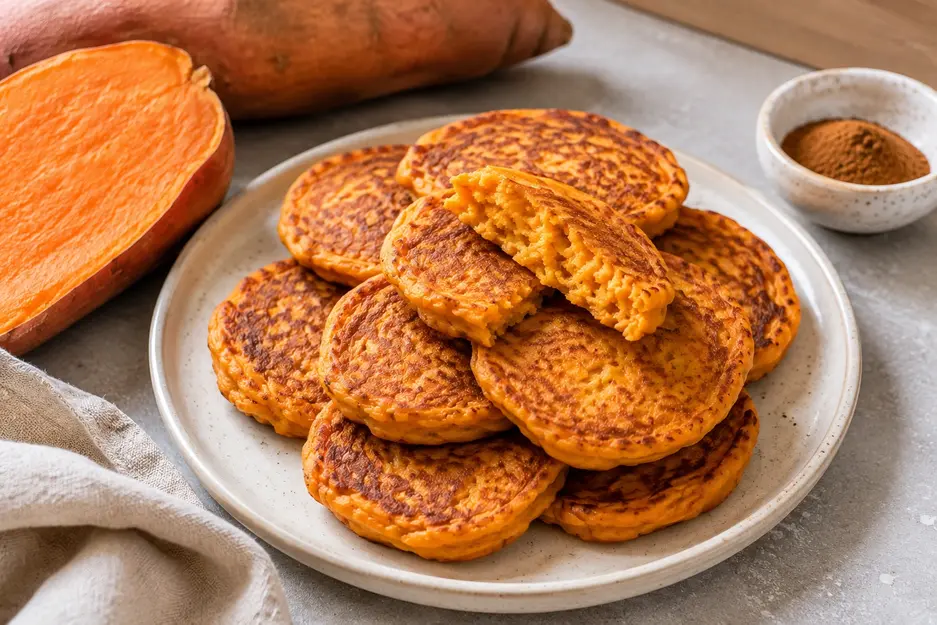 Sweet potato pancakes for baby led weaning served with roasted sweet potato, featuring soft texture and naturally golden homemade pancakes.