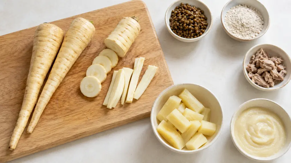 Overhead view of parsnip puree for baby with fresh sliced parsnips, cooked pieces, lentils, infant cereal, and shredded meat.