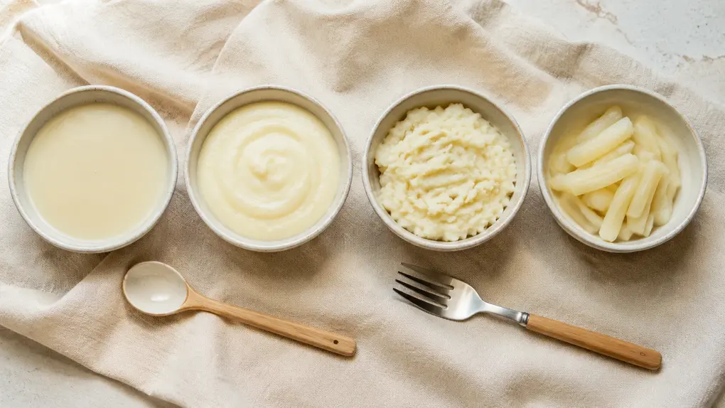 Parsnip puree for baby shown in four age-friendly textures, from thin and smooth puree to thicker mash and soft, fork-tender strips.