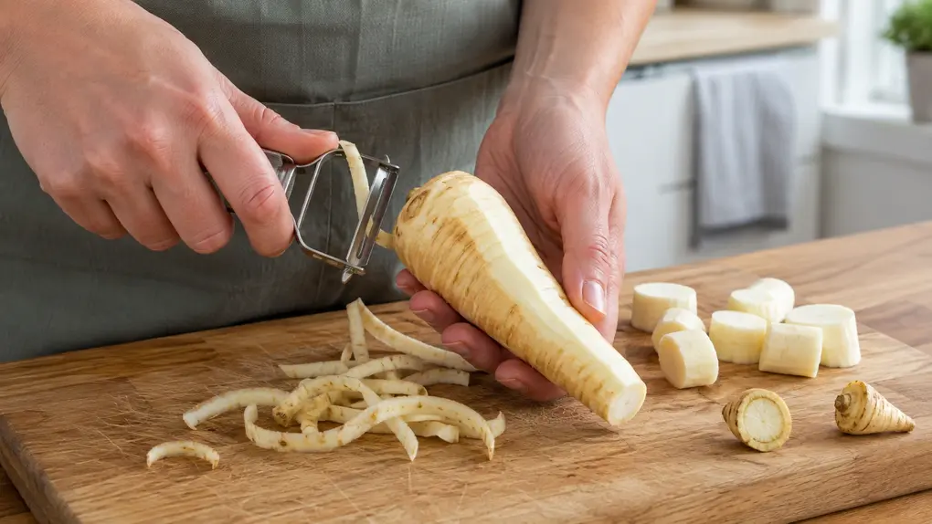 Hands preparing parsnip puree for baby by peeling a fresh parsnip beside natural peel curls, trimmed ends, and evenly cut chunks.