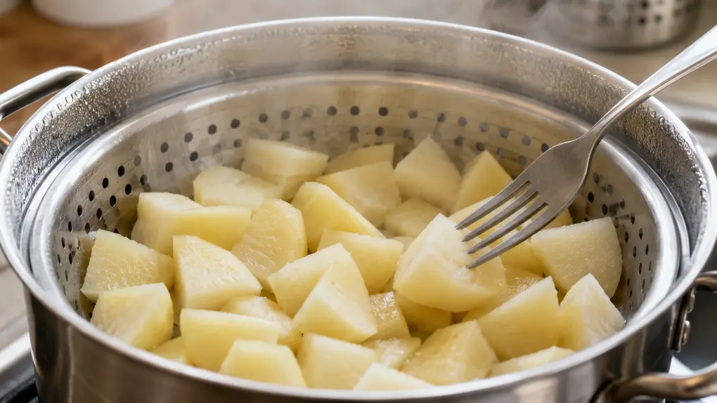 Image Prompt: Landscape 16:9 realistic kitchen photograph of softened steamed parsnip chunks inside a countertop blender, with an adult hand adding a small measured spoonful of reserved steaming water. Keep the blender switched off and stable on the counter. Natural window light, visible softness and moisture on the parsnip, accurate appliance proportions, practical uncluttered composition. No face, text, logos, splashing liquid, impossible hand position, or extra ingredients.