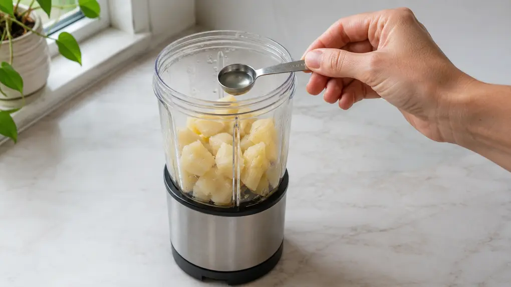 Image Prompt: Landscape 16:9 close-up editorial photograph of a blender containing pale cream parsnip puree immediately after blending, lid safely in place, with a small amount of puree naturally coating the sides and a smooth central swirl visible through the glass. Bright diffused daylight, realistic reflections, accurate puree thickness, clean but ordinary home kitchen. No text, logo, dramatic motion blur, puree splashing outside the blender, hands near moving blades, or synthetic plastic-looking texture.