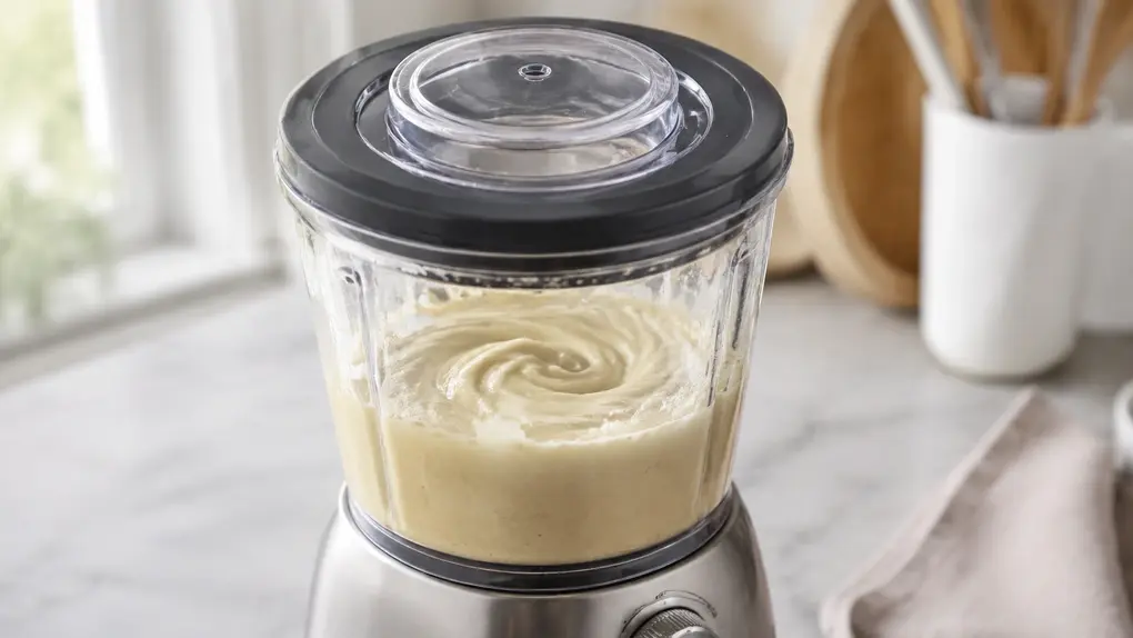 Smooth parsnip puree for baby inside a countertop blender, showing a natural creamy swirl and realistic puree coating on the sides.
