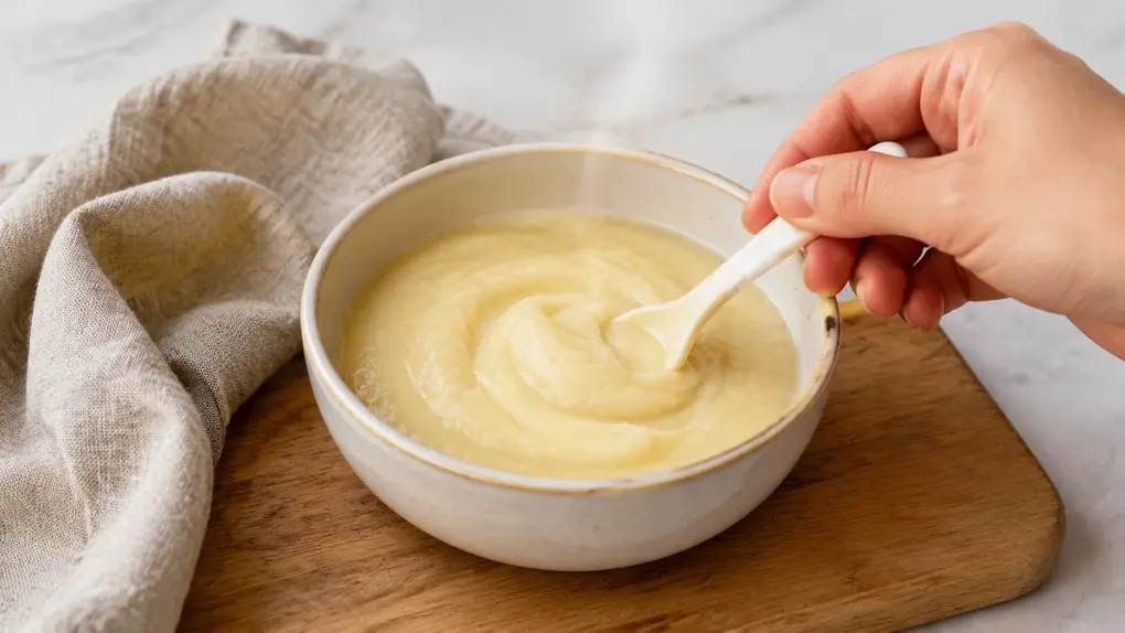 Fresh parsnip puree for baby cooling in a cream ceramic bowl while being gently stirred with a short baby spoon on a wooden board.