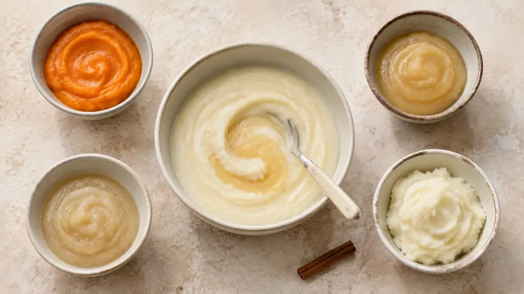 Parsnip puree for baby paired with small bowls of carrot, pear, apple and mashed potato, with a subtle cinnamon stick beside them.
