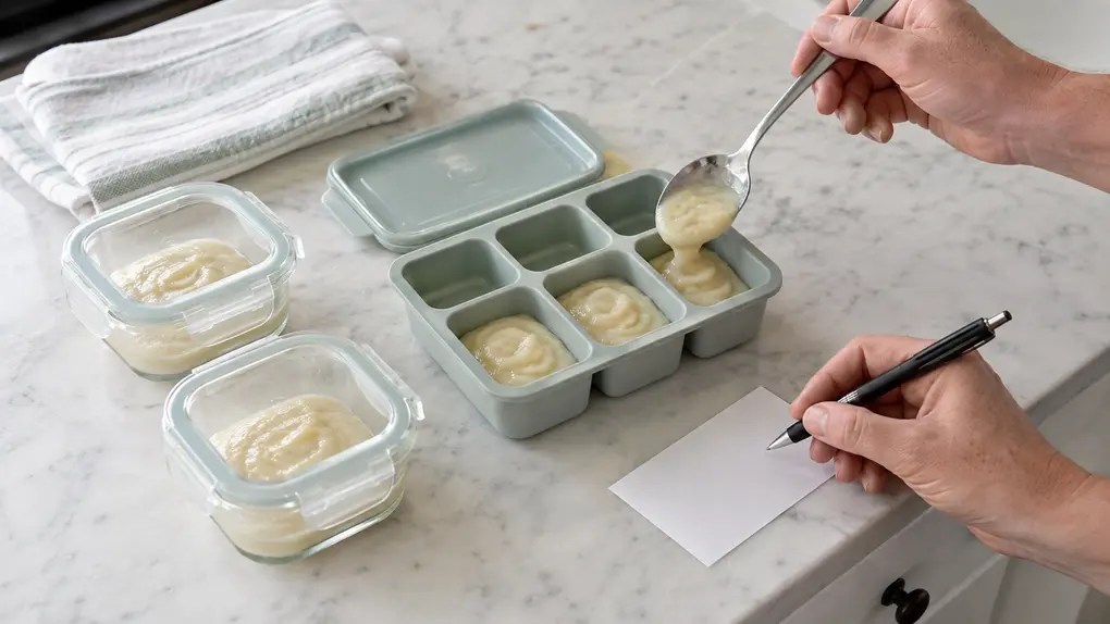 Parsnip puree for baby portioned into a silicone freezer tray beside two airtight glass containers, a blank date label and clean spoon.