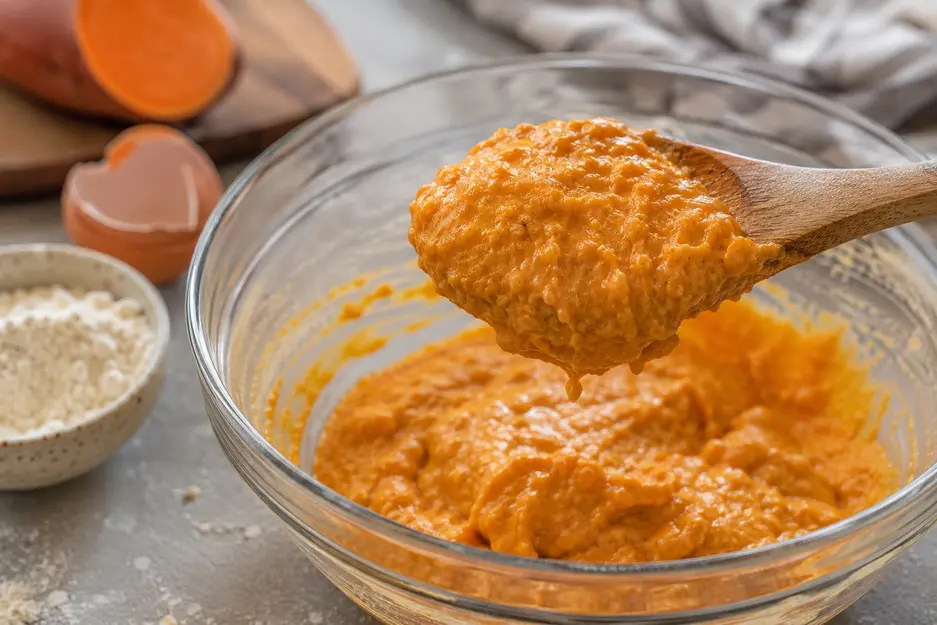 Thick sweet potato pancake batter holding its shape on a wooden spoon, prepared with sweet potato, egg and flour for baby led weaning.