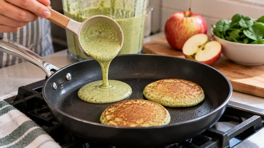 Spinach apple pancakes for babies Step 6 showing pale green pancake batter being poured into a warm skillet with freshly cooked pancakes nearby.