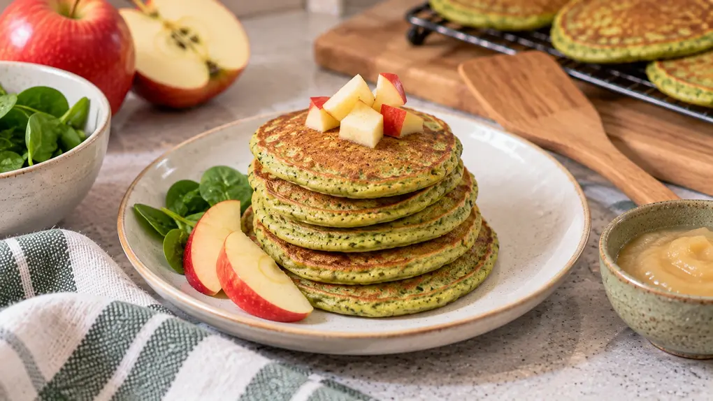 Spinach apple pancakes for babies served in a soft green stack with fresh apple pieces and spinach on a cream plate in a home kitchen.