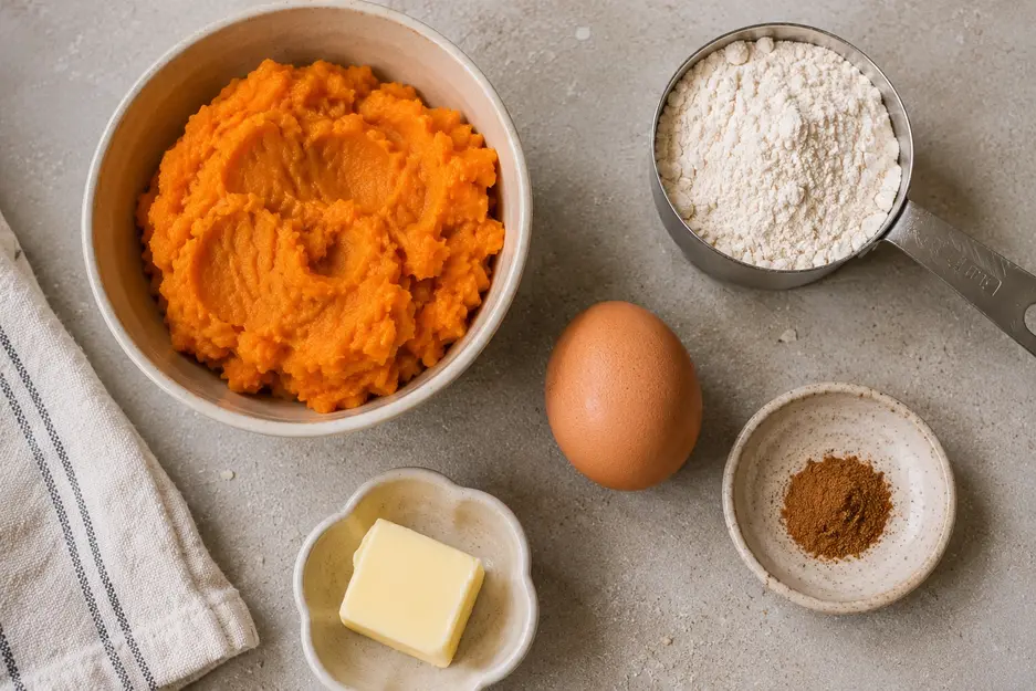 ngredients for sweet potato pancakes for baby led weaning, including mashed sweet potato, egg, flour, cinnamon and unsalted butter.