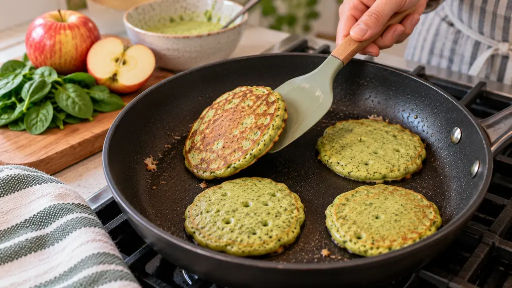 Spinach apple pancakes for babies Step 7 showing a small green pancake being flipped in a skillet, revealing a naturally golden-brown cooked side.
