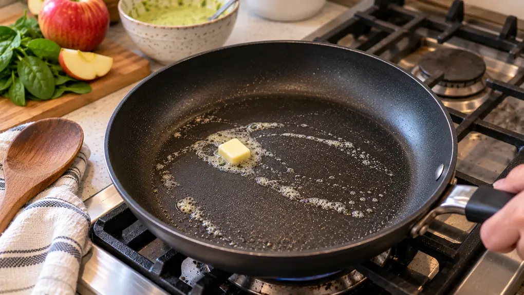 Spinach apple pancakes for babies Step 5 showing a non-stick skillet heating with a small pat of butter melting before cooking the pancakes.