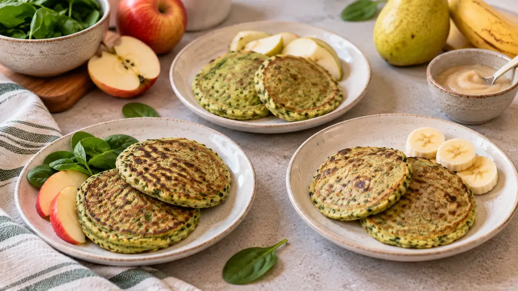 Spinach apple pancakes for babies shown in three variations with apple, pear and banana, served as soft homemade green pancakes on neutral plates.