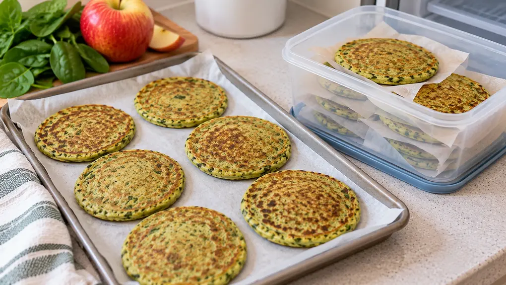 Spinach apple pancakes for babies cooled on a parchment-lined tray and stored in a freezer-safe container with parchment between each pancake.