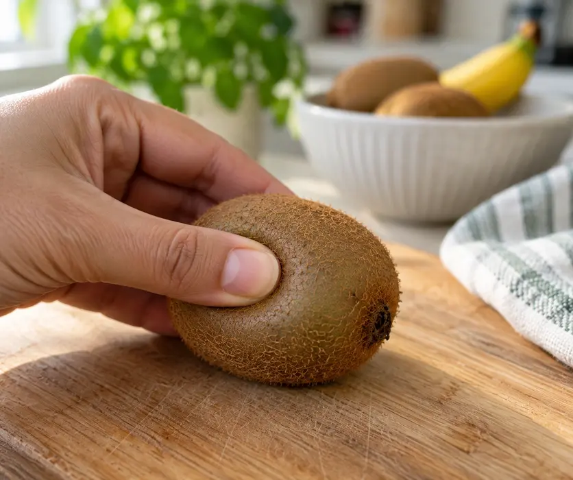 Hand checking a ripe kiwi for softness before making kiwi puree for baby, showing the first step in an easy homemade baby food recipe.