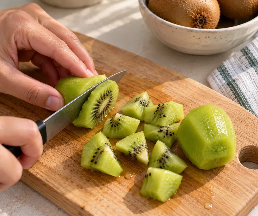 Hands cutting peeled kiwi into chunks on a wooden board, showing a simple preparation step for making homemade kiwi puree for baby.
