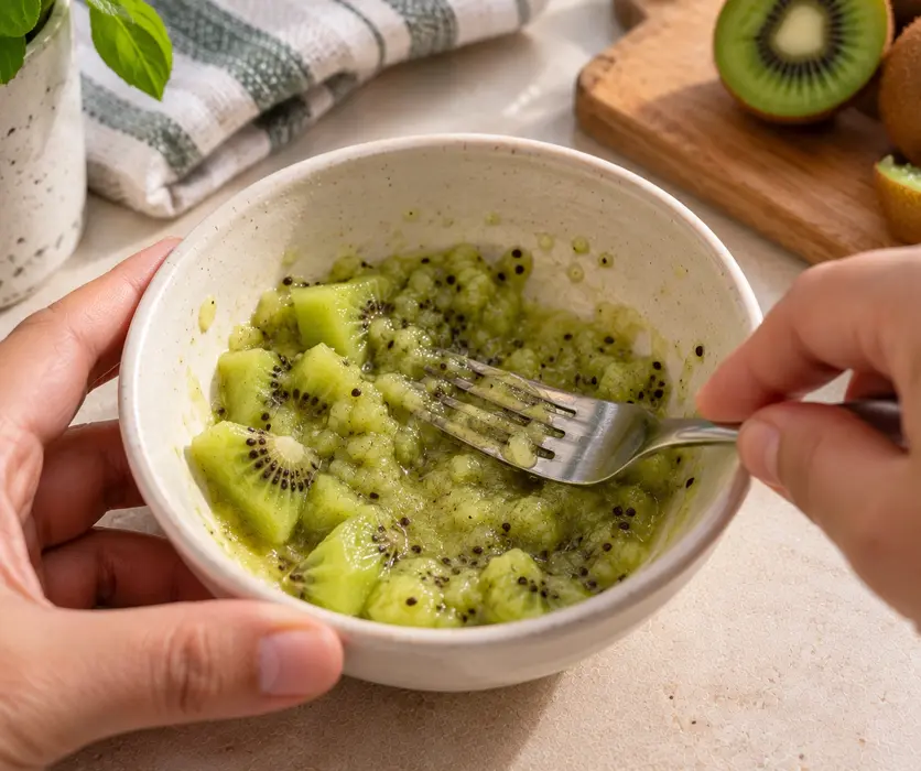 Hands mashing ripe kiwi chunks with a fork in a bowl, showing the easy preparation process for fresh homemade kiwi puree for baby.
