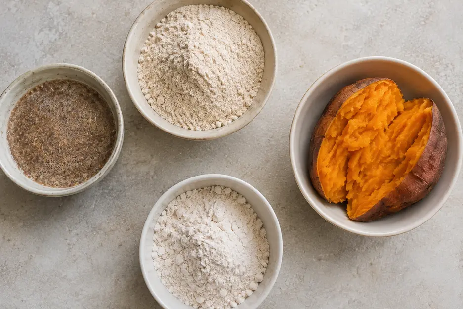 Sweet potato pancake ingredient substitutions with flax egg, oat flour, wheat flour and roasted sweet potato for baby led weaning.