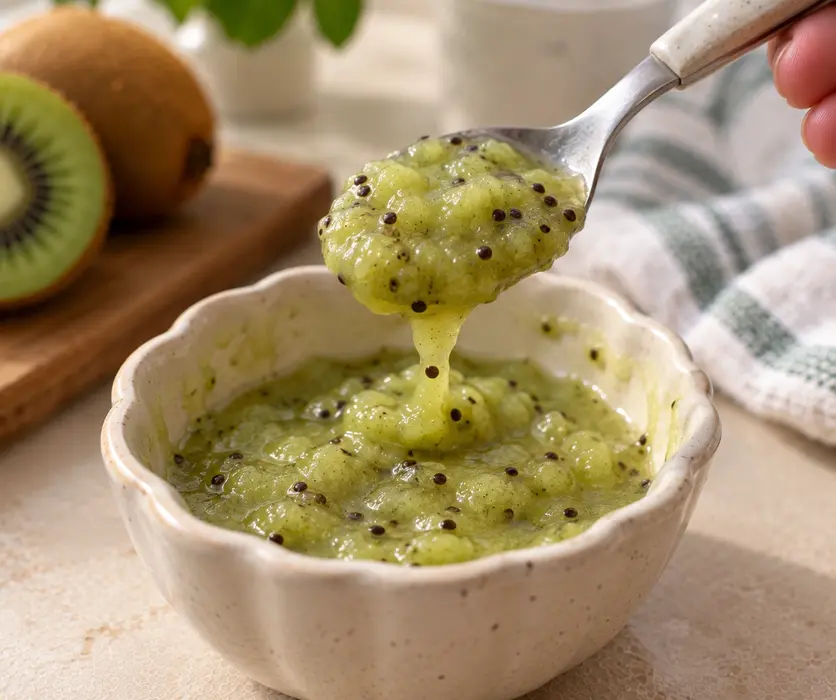 Spoon lifting thick kiwi puree for baby from a ceramic bowl, showing the natural texture and consistency of this easy homemade baby food recipe.