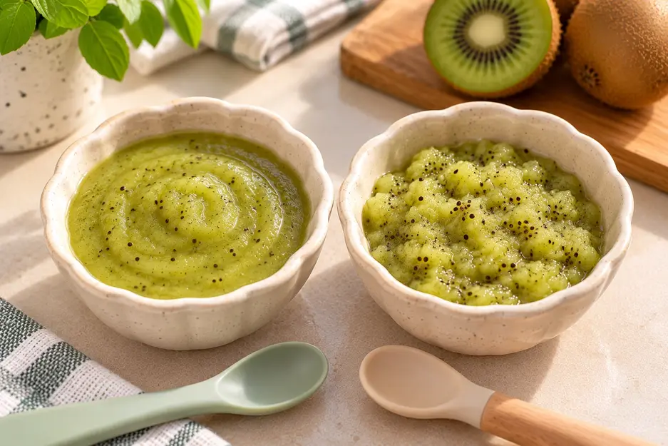 Smooth and mashed kiwi puree for baby in cream bowls, showing two homemade baby food textures with fresh kiwi and baby spoons.