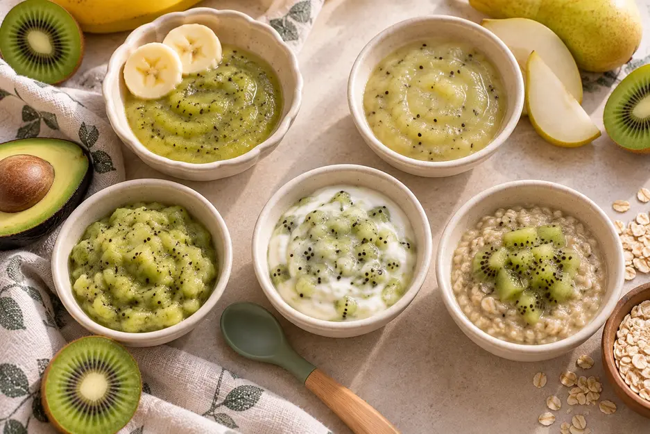 Five kiwi puree for baby combinations with banana, pear, avocado, yogurt and oatmeal, showing easy homemade baby food ideas with fresh kiwi.