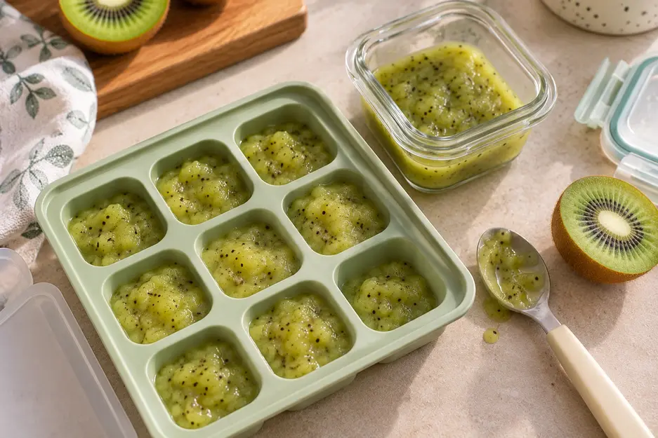 Kiwi puree for baby portioned in a freezer tray and glass container, showing an easy way to store and freeze homemade kiwi baby food.