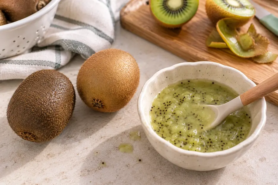 Firm and ripe kiwis beside watery kiwi puree for baby, showing common preparation mistakes to avoid when making easy homemade kiwi baby food.