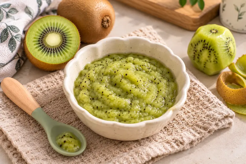 Homemade kiwi puree for baby in a cream ceramic bowl with fresh ripe kiwi and a baby spoon, showing a simple no-cook baby food recipe.