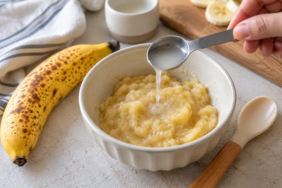 A teaspoon adds a small splash of liquid to mashed banana in a cream bowl, adjusting the consistency for homemade banana baby food combinations.