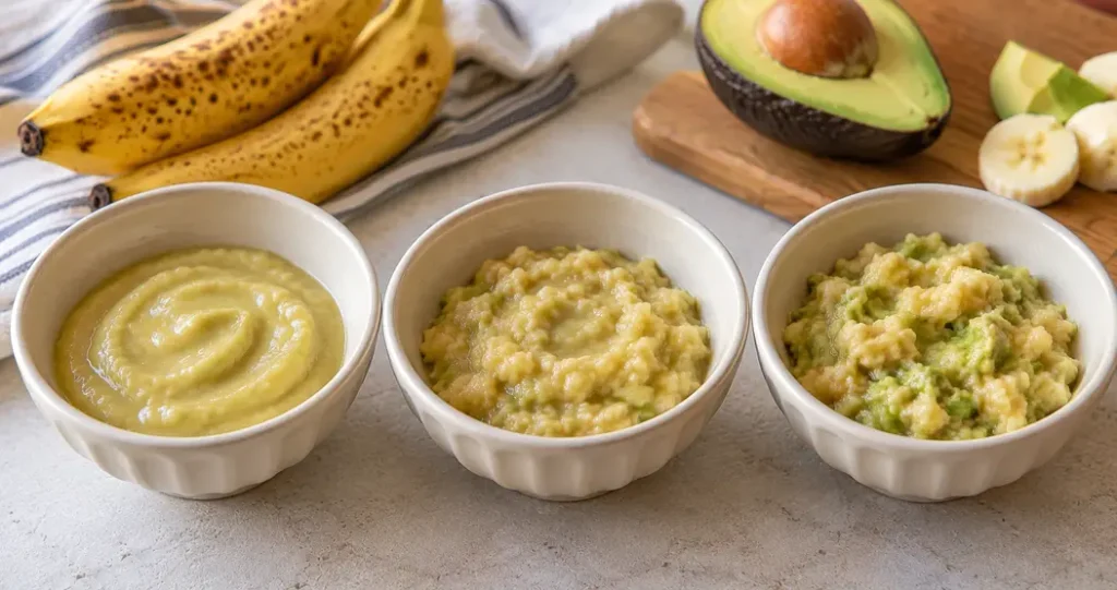 Three cream bowls showing smooth, fork-mashed and coarse banana puree textures for homemade banana baby food combinations, photographed in natural light.