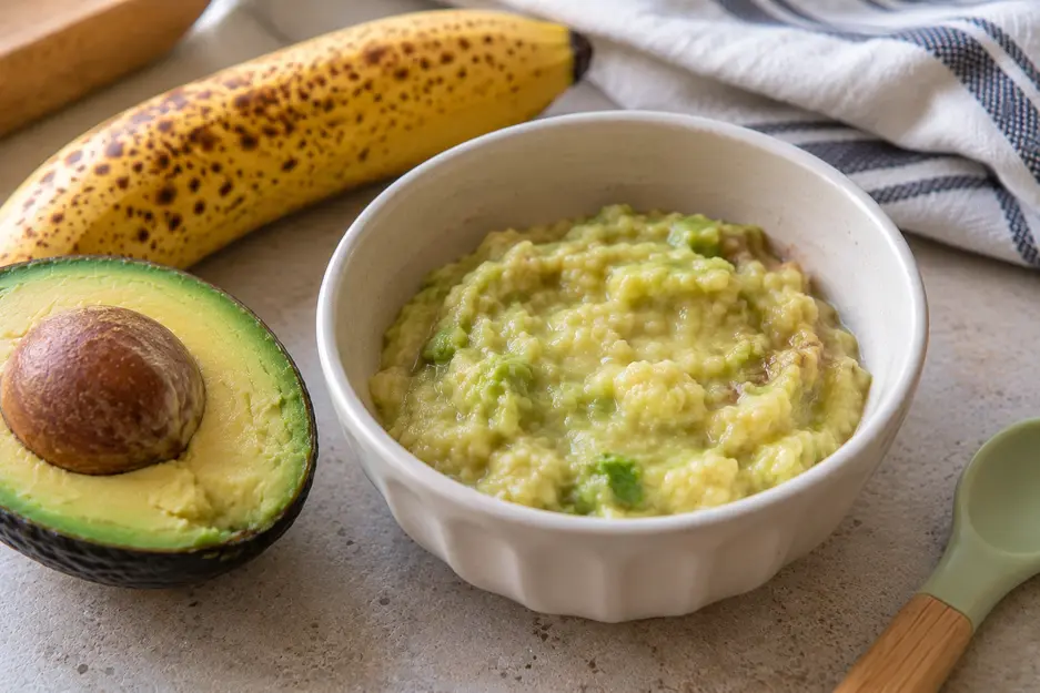 Homemade banana baby food combinations featuring pale yellow-green banana-avocado mash in a cream bowl with ripe avocado and speckled banana.